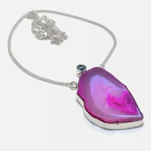 New Pink Agate Druzy & Apatite 925 Silver Necklace.